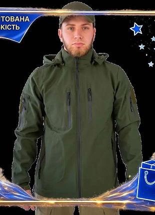 Чоловіча тактична куртка soft shell з капюшоном 3xl оливкова для активного відпочинку та захисту від дощ dm-11
