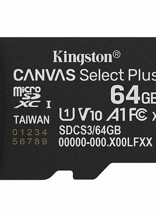 Карта пам'яті microsdxc (uhs-1) kingston canvas select plus gen3 64gb class 10 а1 (r-100mb/s)