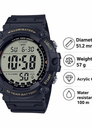 Casio ae-1500whx-1a — чоловічий цифровий годинник, полімерний ремінець, wr 100 м