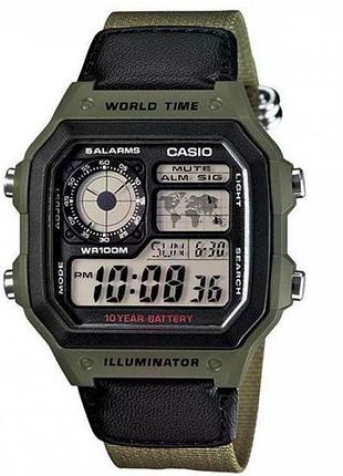 Casio ae-1200whb-3b — чоловічий цифровий годинник, текстильний ремінець, wr 100 м