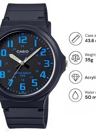 Casio mw-240-2b — чоловічий кварцовий годинник, полімерний ремінець, wr 50 м