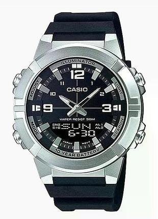 Casio amw-870-1a — чоловічий комбінований годинник, полімерний ремінець, wr 50 м