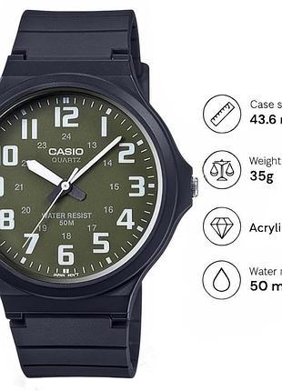 Casio mw-240-3b — чоловічий кварцовий годинник, полімерний ремінець, wr 50 м
