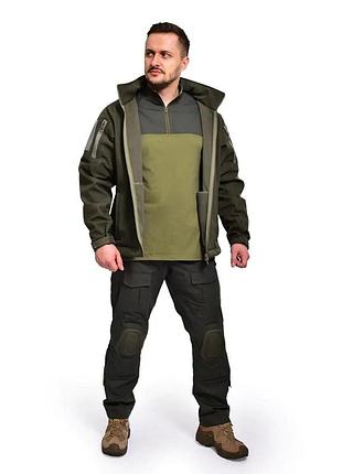 Костюм демісезонний softshell / фліс windshell tactical олива + штани з наколінниками чорні або олива