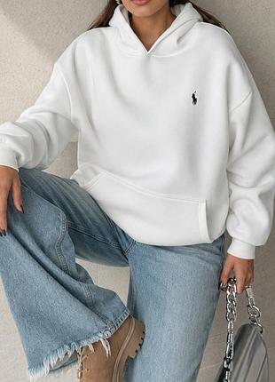 Белое худи polo ralph lauren оверсайз, кофта поло ральф лорен с капюшоном, женская толстовка на каждый день s
