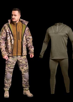 Костюм демисезонный softshell / флис windshell tactical + брюки с наколенниками мультикам + термокостюм level 2 олива