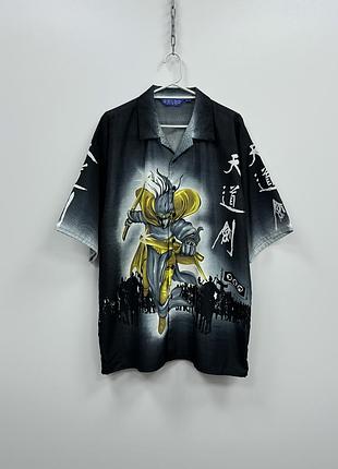 Вінтажна сорочка denon hawaiian anime samurai ninja printed vintage shirt button ups multicolor аніме