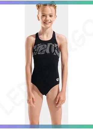 Купальник закритий для дівчат arena graphic swimsuit v back чорний білий 116 см для плавання спортивни sku_006680-501