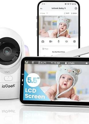 Видеоняня камера iegeek baby 5 2.5k uhd, wi-fi 2.4/5 ггц, с экраном 5.5", ai-отслеживание, датчик плача и ничего видения