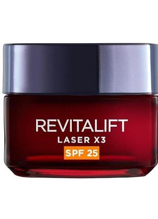 Денний антивіковий крем-догляд потрійної дії spf 25 l'oreal paris revitalift laser х3, 50 мл