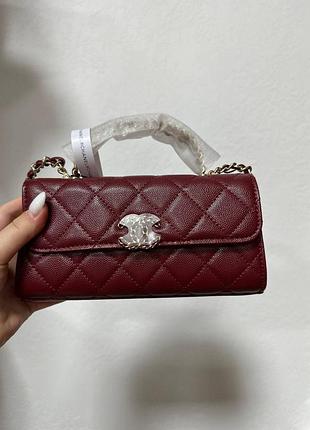 💎 chanel mini flap bag with top handle grained calfskin burgundy/gold 19 х 10 х 3 см