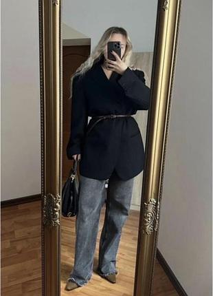Чорний подовжений піджак з поясом 100% вовна❤️сидить ідеально