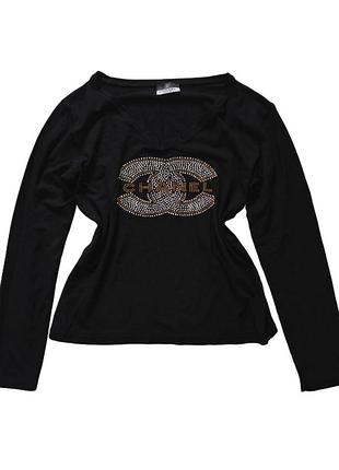 Черный лонгслив со стразами chanel кофта с v-вырезом в стиле y2k лонгслив со стразами шаннель черная кофта с логотипом из страз mcbling s m 36 38