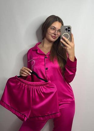 Комплект шелковый тройка рубашка с шортами и штанами фуксия xl
