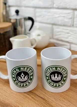 Парні чашки кераміка 330 мл білі king needs coffee queen needs coffee (529851)
