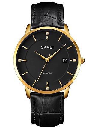 Часы skmei металлические 40х38 мм кожаный ремешок чёрные золотые (547280)