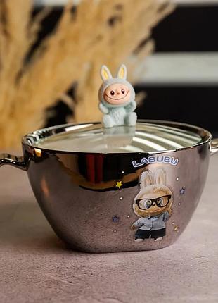 Бульонница фарфоровая 800 мл серебристая с крышкой и ручками (596145)