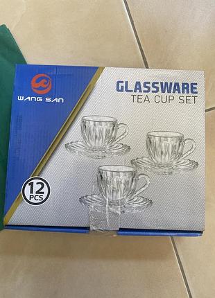 Новый набор стеклянных чайных чашек с блюдцами wang san (12 предметов) kaktus