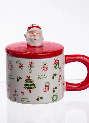 Новорічна порцелянова чашка з кришкою 350 мл merry christmas різнокольорова (577441)