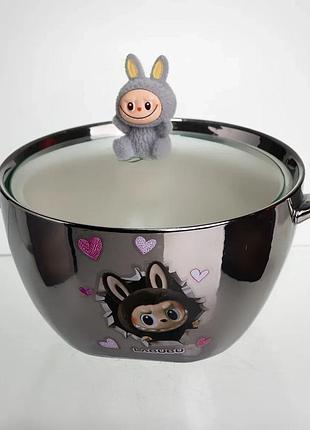 Бульонница фарфоровая 800 мл серебристая с крышкой и ручками (596142)