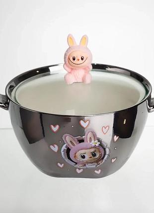 Бульонница фарфоровая 800 мл серебристая с крышкой и ручками (596144)