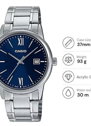 Casio mtp-v002d-2b3 — чоловічий кварцовий годинник, сталевий браслет, wr 30 м