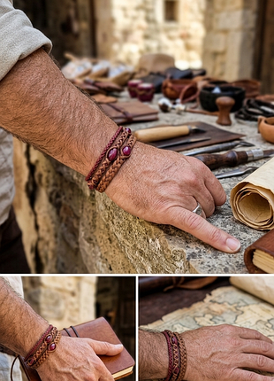 Чоловічий шкіряний браслет-оберіг з рубіном (корундом) hand made / стильний подарунок чоловіку