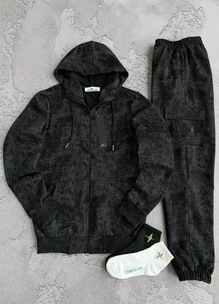 Спортивний костюм чоловічий чорний мармур stone island black marble! спортивный костюм чёрный зип худи + штаны! материал двухнитка! размеры s-2xl!