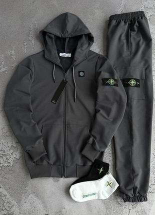 Спортивний костюм чоловічий stone island top graphit! спортивный костюм графит зип худи + штаны stone island! материал двухнитка! размеры xs-3xl!