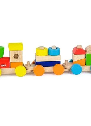 Деревянный поезд viga toys из бука 45х9х19 см разноцветные кубики (700906)