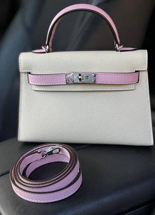 Сумка hermes kelly 20 cm platinum hardware срібна фурнітура міні сумочка ерме молочна з рожевим комбінація
