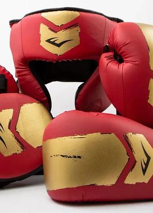 Комплект боксерських рукавичок шолома лап everlast синтетична шкіра osfm червоний золотий (711204)