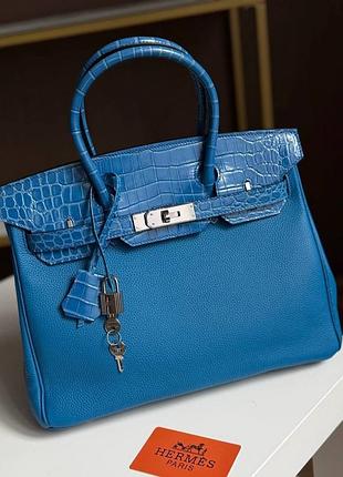 Сумка hermes birkin 30 см platinum hardware комбінація шкіри синій колір срібна фурнітура