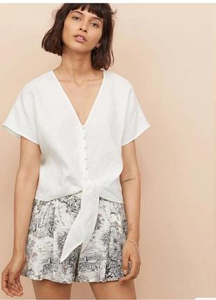 Льняная кроп-блуза/топ h&m на пуговицах с завязкой — 100% linen