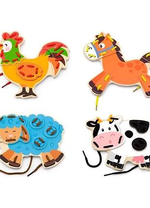 Деревянная шнуровка viga toys 21х5х19 см разноцветные фермерские зверята (700904)