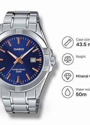 Casio mtp-1308d-2a — чоловічий кварцовий годинник, сталевий браслет, wr 50 м