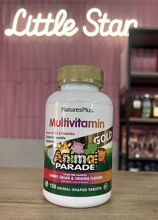 Дитячі мультивітаміни nature’s plus animal parade gold з вітамінами d3, k2 та пробіотиками, жувальні таблетки