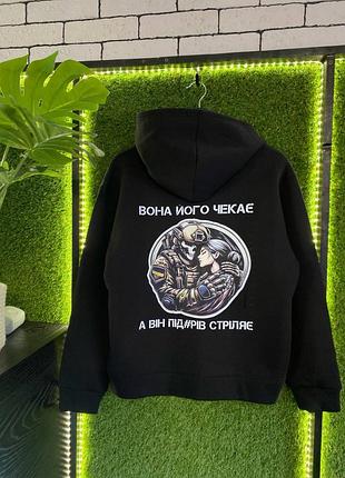 Худи премиум флис женское черное с принтом / б- 99