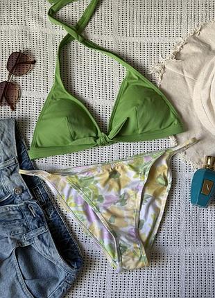 Роздільний купальник низ у квіти + салатовий верх трикутник primark