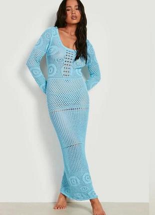 Брендовое голубое вязаное макси платье boohoo