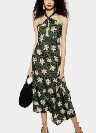 Платье миди topshop hibiscus с принтом цветов и завязкой на шее