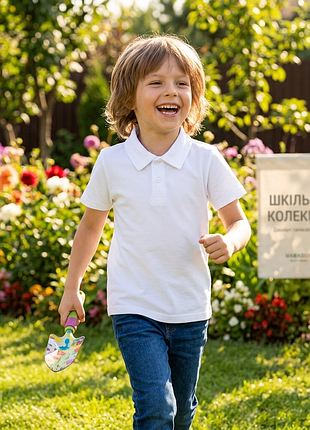 Детская футболка поло, унисекс, белая, gabbi polo-26-3 ворот, ткань лакоста, 110, 116, 124, 128, 134, 140, 146, 152, 158