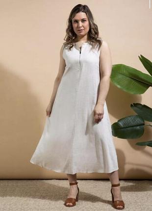 Вискозно-льняное с карманами и молнией спереди платье 👗 большого размера