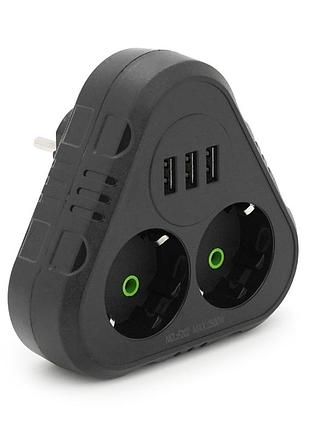 Розетка трійник із заземленням f202-black, 2 розетки+3usb(1а), 2500w, 10a, 110-250v~max, blister