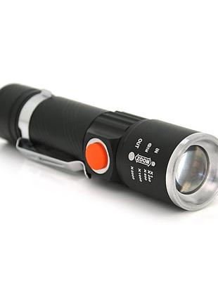 Ліхтар ручний pipo ppf-616, 1led cree q5, 10w, 3 режими, zoom, 18650/2400 вбудований, black, ip44, usb, 112х28х24мм, box