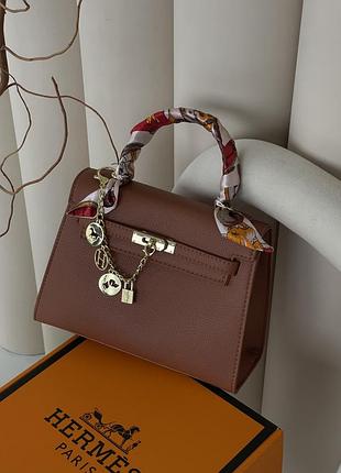 Сумка hermes kelly medium size с платком коричневый