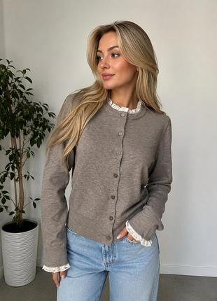 Комбінований кардиган кофта на ґудзиках з мереживом шерсть zara