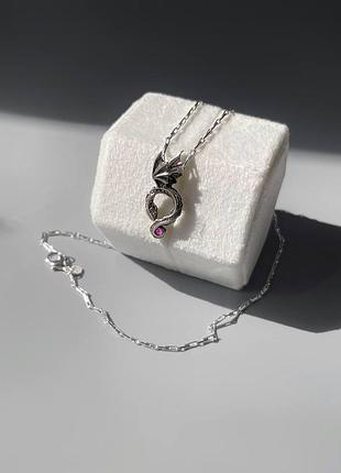 Серебряная готическая подвеска с драконом и кристаллом pandora красивый подарок девушке украшение на шею