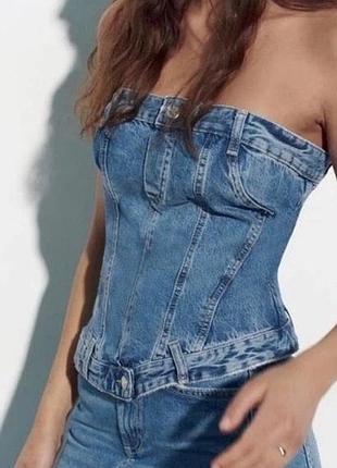 Стильний джинсовий корсетний топ zara trf з ефектом перешитих джинсів