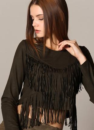 Лонгслів жіночий вкорочений з бахромою forever21 s чорний